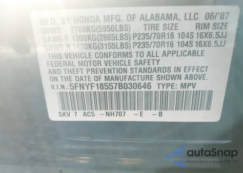 2007 Honda Pilot Ex-L z USA, uszkodzony, nr VIN 5FNYF18557B030646